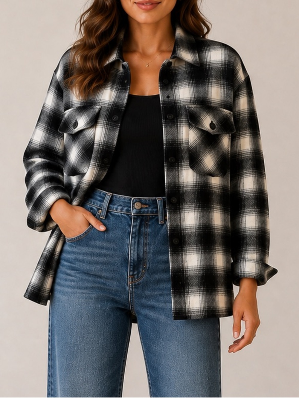 Thread & Supply Plaid Shacket Black White Lined Button Front Jacket M NWOT